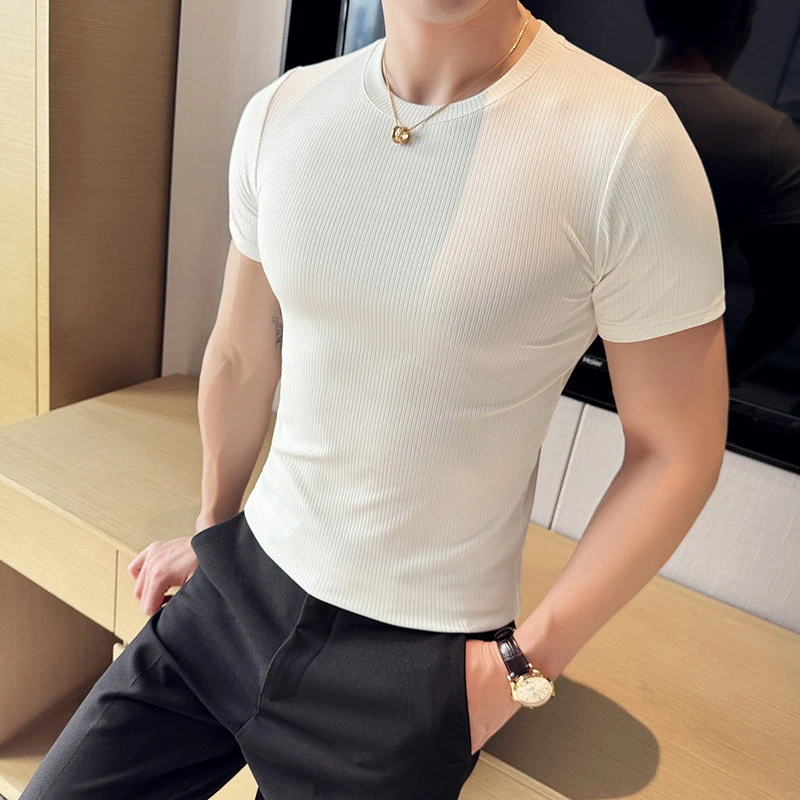 夏季弹力T恤男短袖修身紧身透气健身运动打底细条纹半袖体恤圆领5