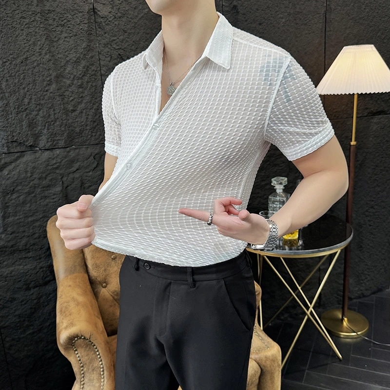 夏季短袖衬衫男款修身高弹力纯色高端提花免烫薄款衬衣半袖工作服