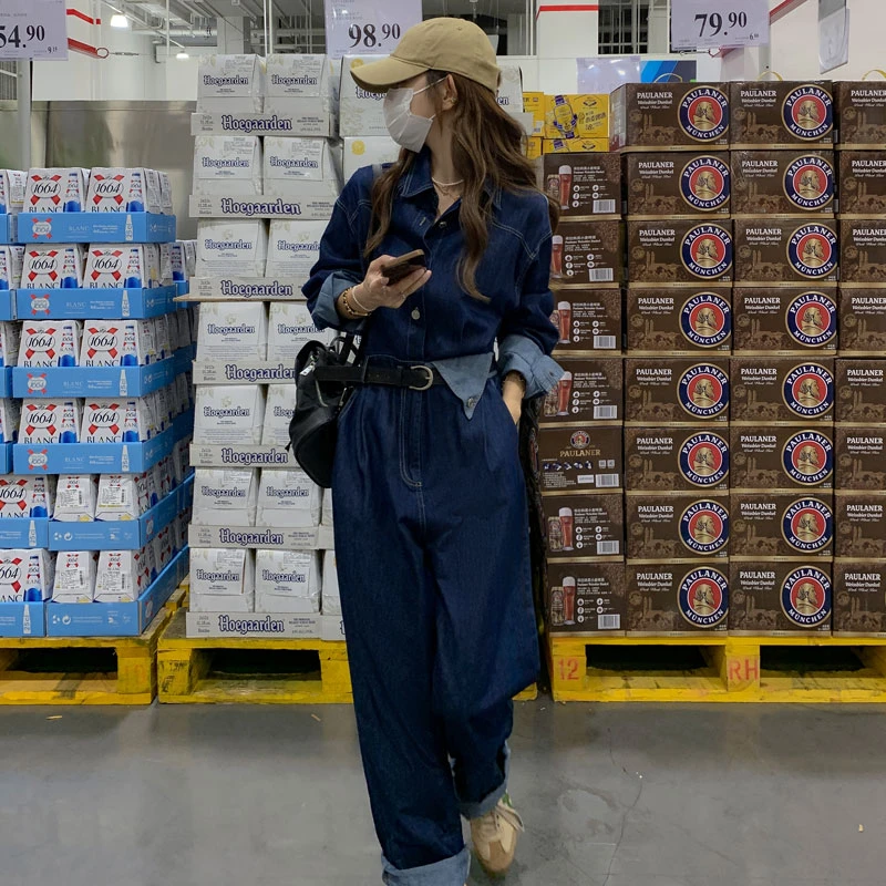 撞色拼接牛仔连体衣女2024春秋新款韩版高级感气质休闲收腰连体裤