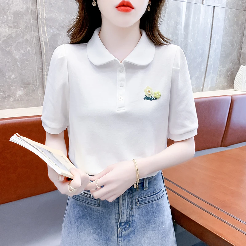 洋气减龄polo衫白色T恤女士法式泡泡短袖娃娃领显瘦上衣夏季新款