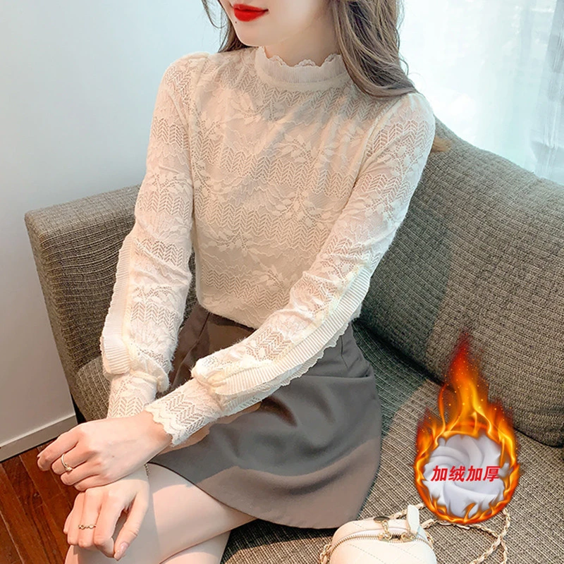 秋季蕾丝打底小衫女春秋冬装2024年新款半高领网纱上衣洋气内搭