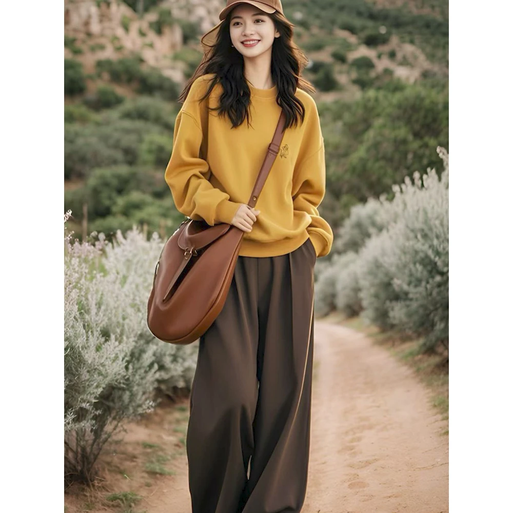 黄色套头宽松长袖卫衣时尚套装秋冬季女休闲显瘦洋气直筒裤两件套