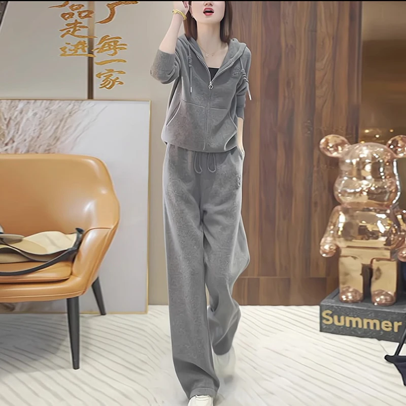 欧货灰色休闲运动套装女装秋冬2025新款时尚洋气外套阔腿裤两件套