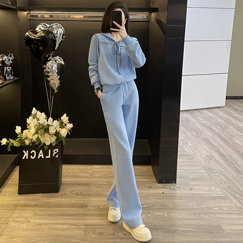 盐系穿搭休闲时尚套装女2025秋季洋气减龄海军领卫衣阔腿裤两件套
