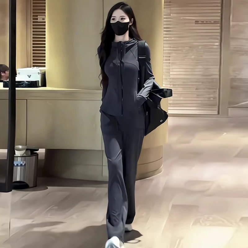 春夏新款户外休闲运动套装女跑步灰色薄外套上衣阔腿裤两件套女款