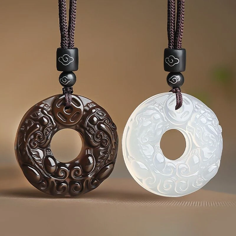 黑曜石貔貅平安扣吊坠冰曜石挂件镂空男女款挂件玉挂坠