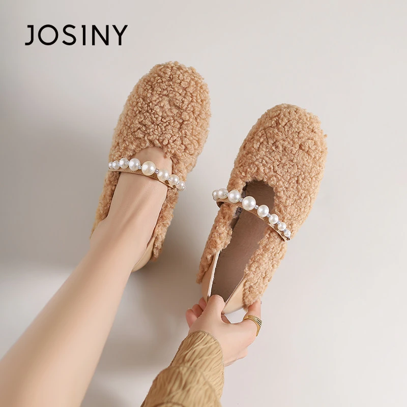 卓诗尼2024秋冬季新款平底珍珠毛毛鞋女保暖舒适一脚蹬软底棉鞋子