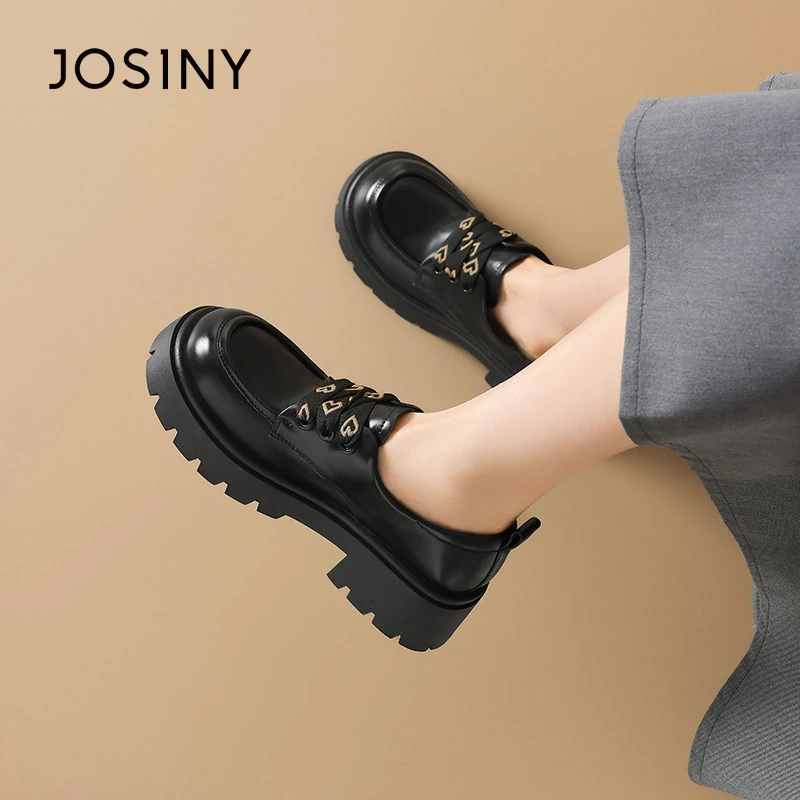 卓诗尼厚底小皮鞋女英伦风2024秋冬新款粗跟单鞋气质增高乐福鞋女