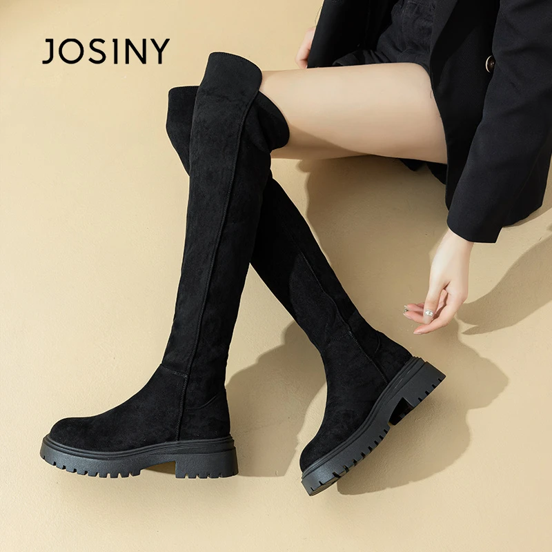 卓诗尼黑色弹力靴2024秋冬新款美拉德瘦瘦靴增高圆头雅丹过膝长靴
