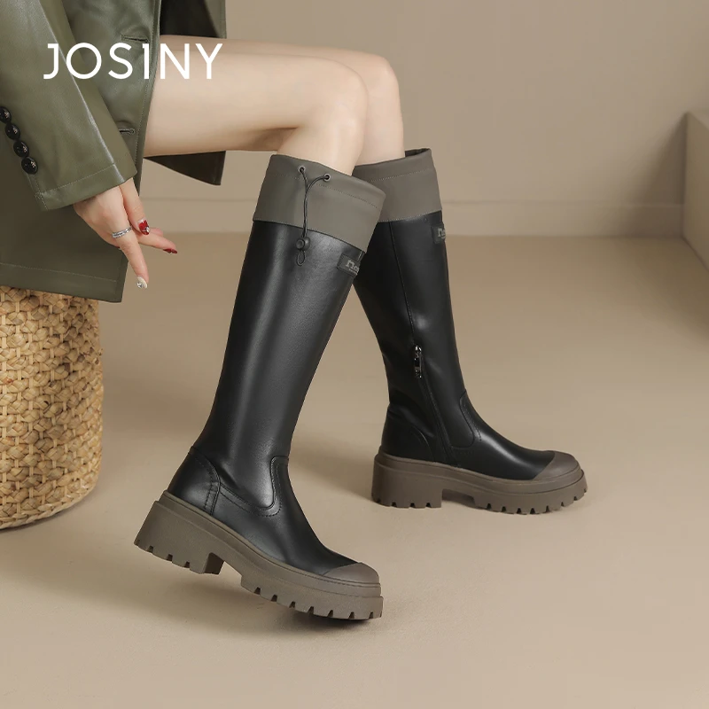 卓诗尼厚底粗跟长筒靴女2024年冬季新款休闲长筒雨靴拼色长筒靴女