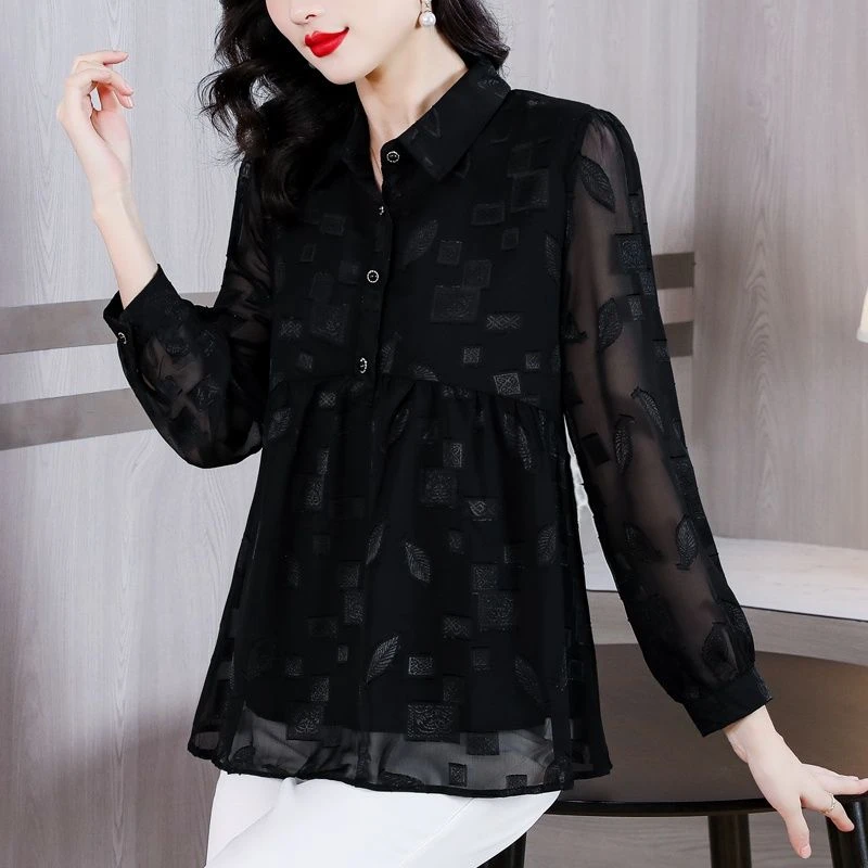 2025春秋季新款时尚大码黑色衬衫高端雪纺上衣宽松雪纺衫上衣新款