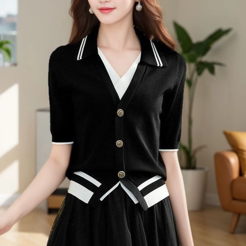 法式时尚拼色v领洋气t恤女2025夏季新款气质修身显瘦百搭短袖上衣