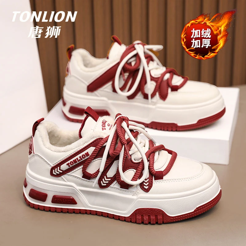 唐狮女鞋保暖加绒小白鞋2024冬季爆款红色百搭板鞋厚底增高休闲鞋