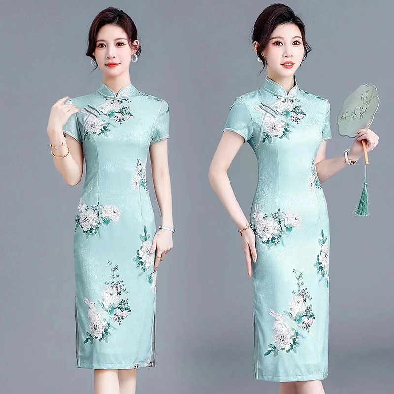 中长款月兔绿色修身显瘦气质微瑕旗袍裙长约105cm