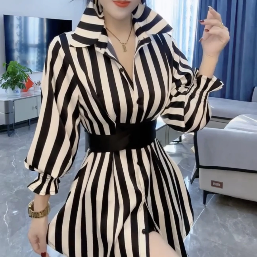 2024早秋新款时尚条纹系带衬衫裙女装
