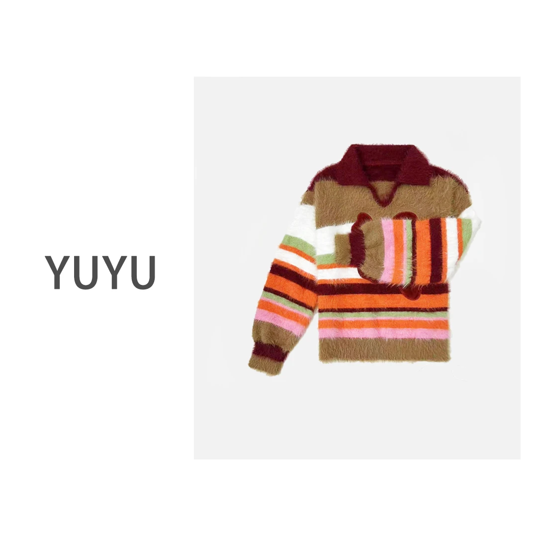 【梦蝶】个性设计感创意复古拼色慵懒风翻领秋冬长袖针织衫SJ012