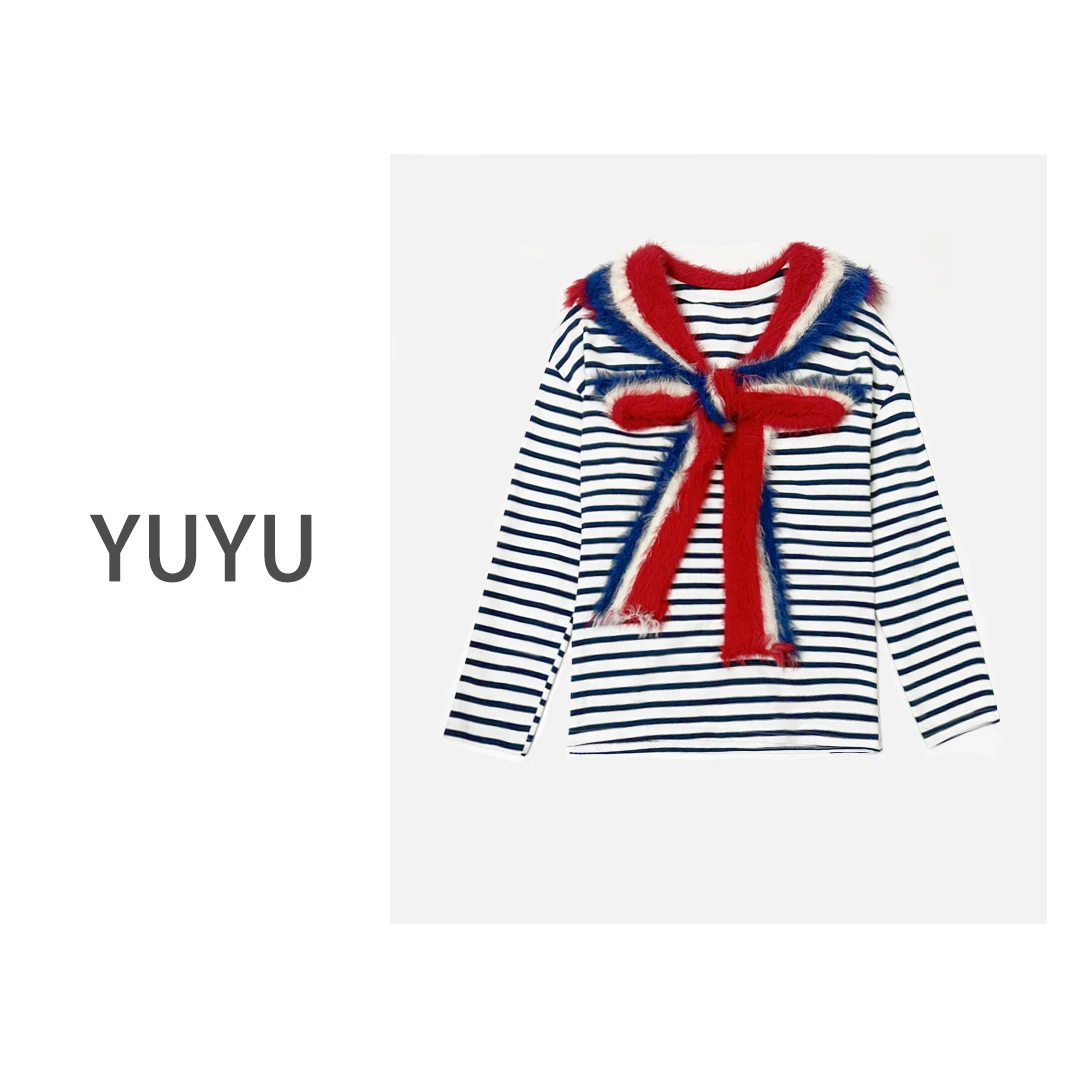 【红白蓝CP】美少女复古条纹秋冬穿搭蝴蝶结海军领披肩上衣.017