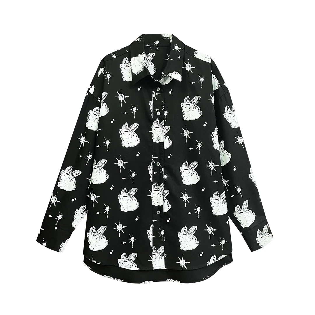 星空兔野撞色廓形休闲时尚百搭男女同款宽松长袖印花衬衫CS003
