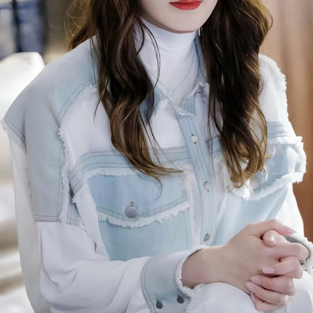 牛仔拼接百搭毛边设计感休闲撞色通勤质感春秋穿搭衬衫HT723