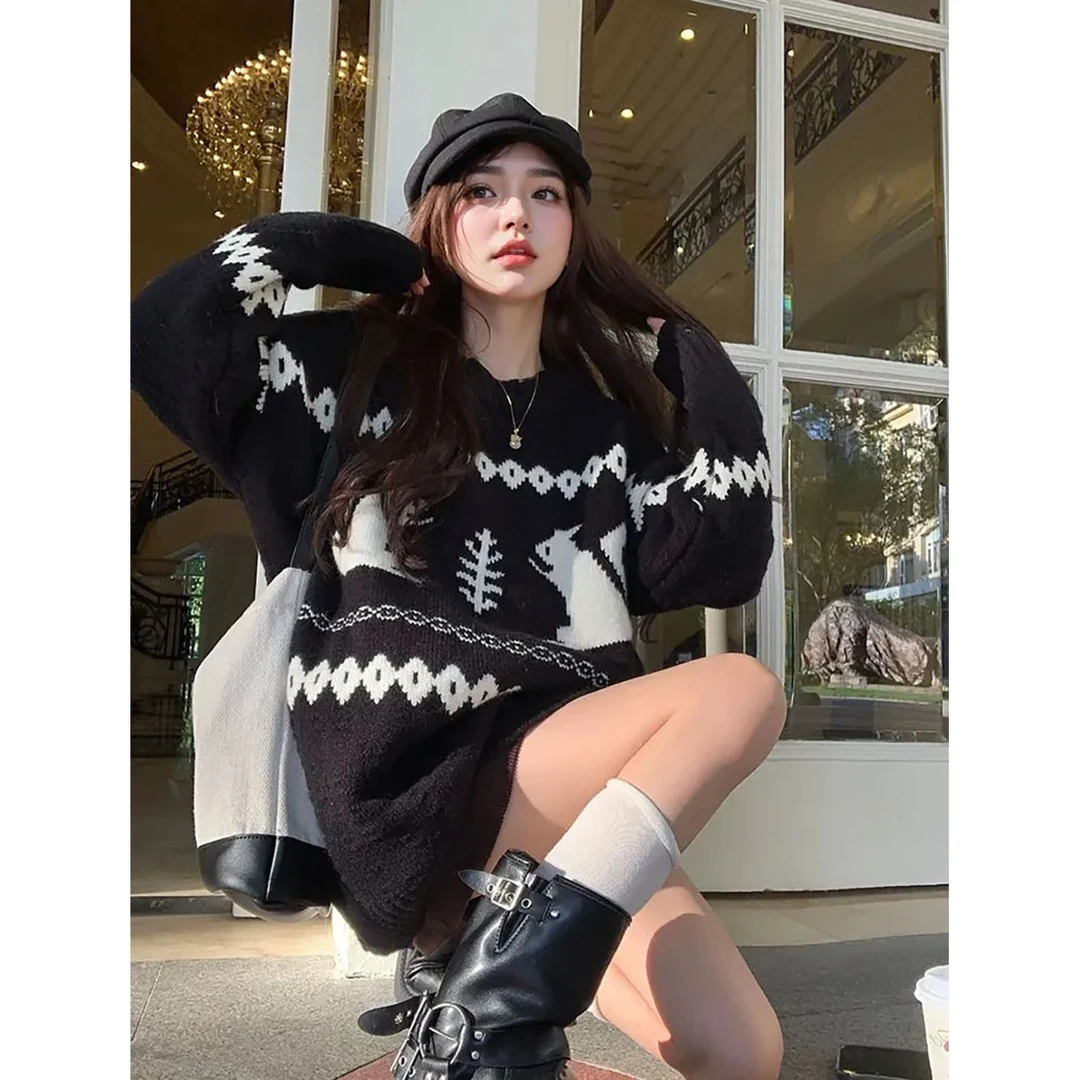 【绮想】洋气撞色气质圆领套头松鼠提花针织毛衣.Y504