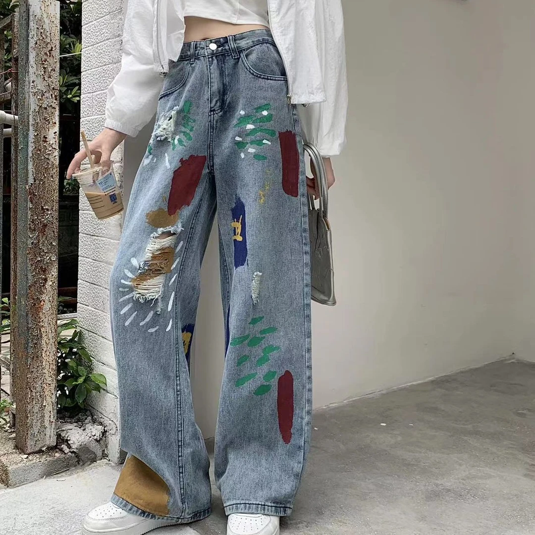 【斑驳】复古炫酷宽松高腰显瘦设计感高街直筒百搭阔腿牛仔裤.Y113