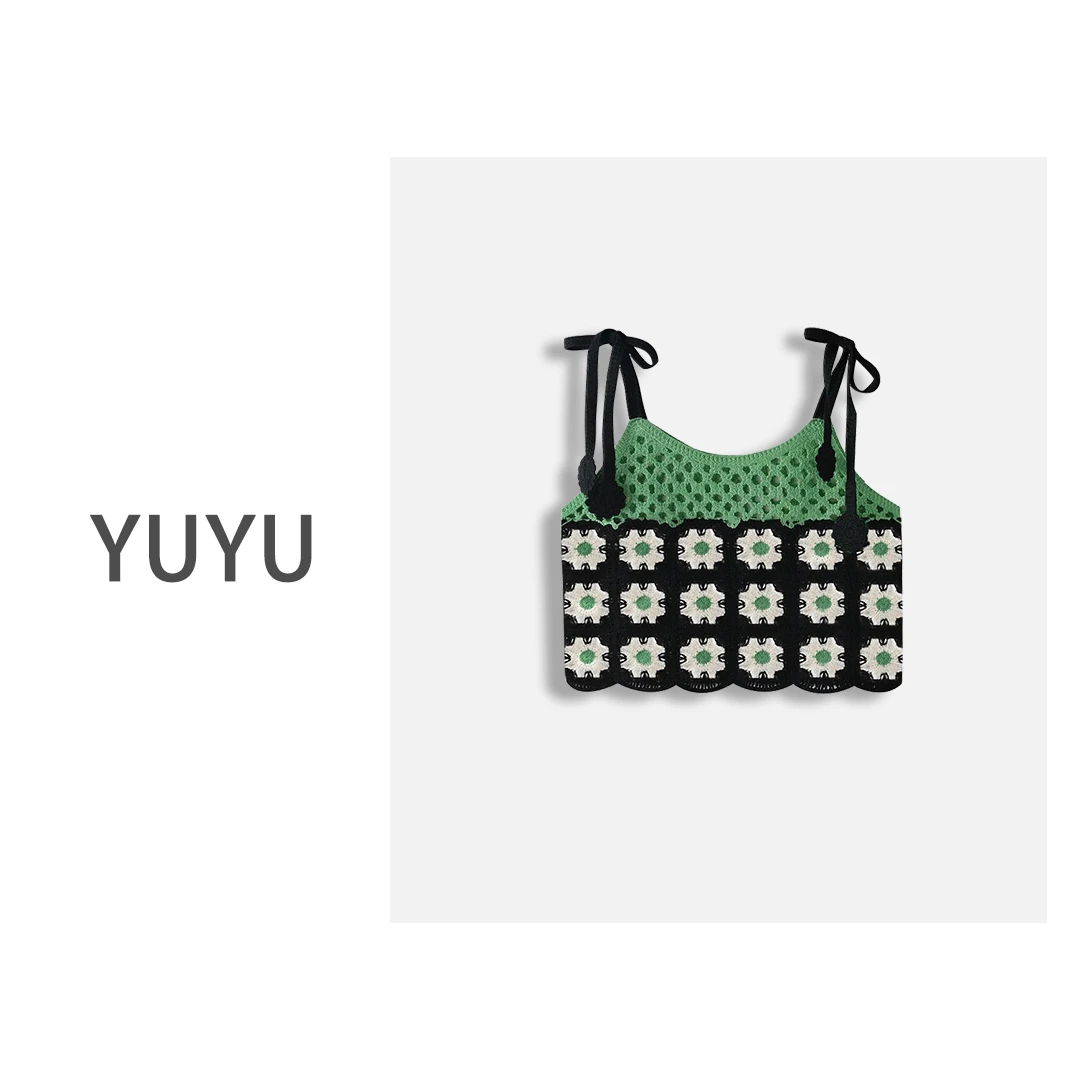 【蓉荷】撞色百搭钩花设计感时尚拼色小众背心HT892