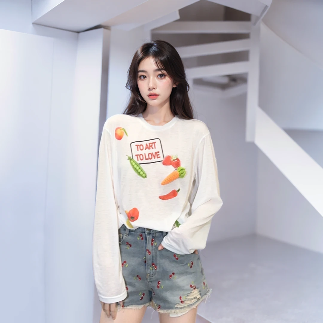 【胡萝卜】轻薄设计感立体胡萝卜百搭宽松显瘦设计感长袖T恤.Y055