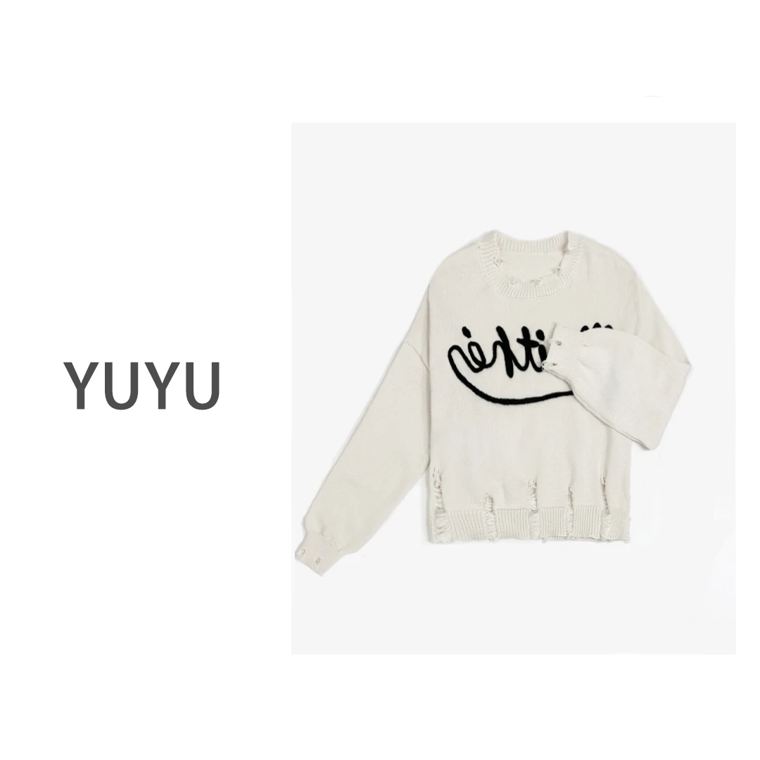撞色字母刺绣条纹修身短款宽松秋冬圆领破洞针织毛衣.YSJ016