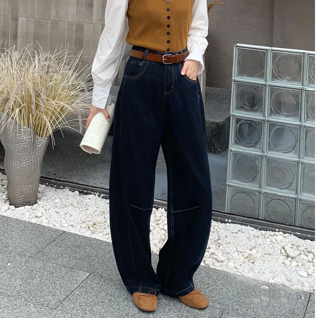 【执念】撞色缝线设计感百搭宽松简约休闲牛仔裤.Y398