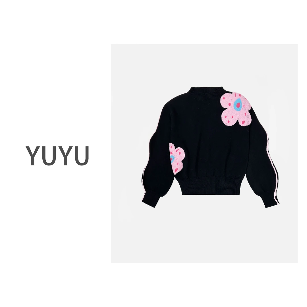 【桃花落】设计感高级创意波浪袖个性花朵立体刺绣套头毛衣OY138