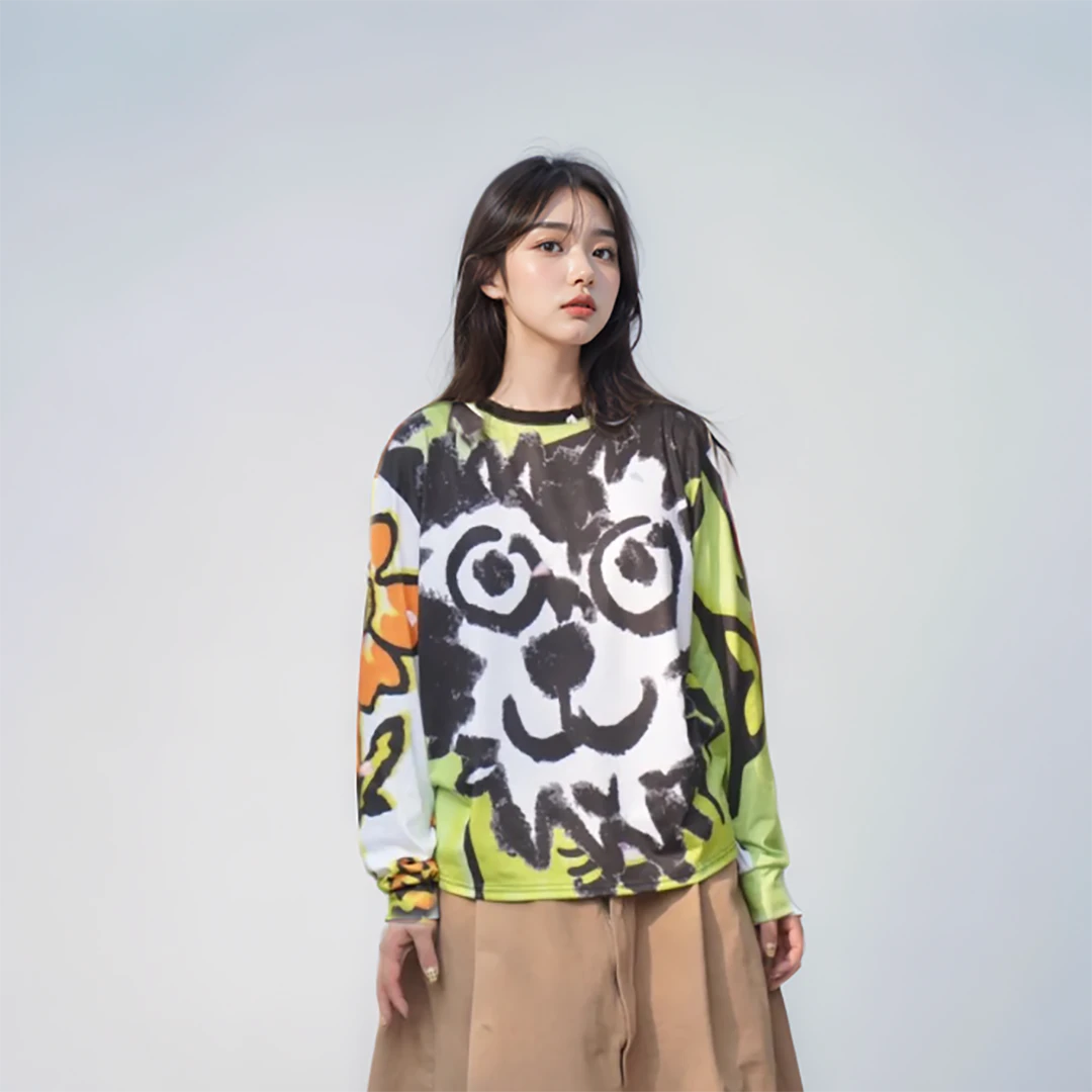 【狗狗】撞色涂鸦风百搭设计感时尚休闲宽松长袖T恤.Y039