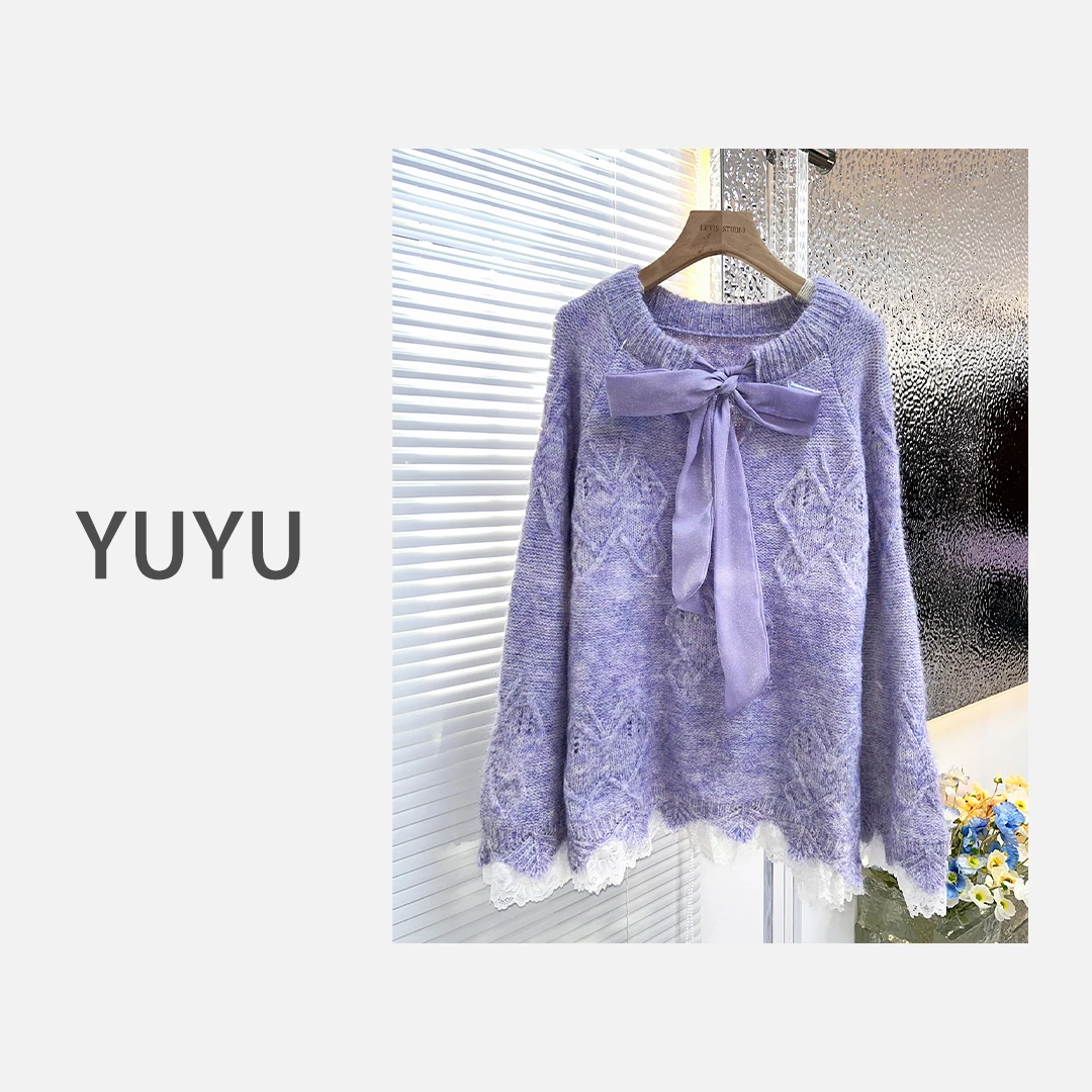 【紫藤萝】NX蝴蝶结紫色宽松慵懒风甜美蕾丝秋冬针织毛衣.Y560