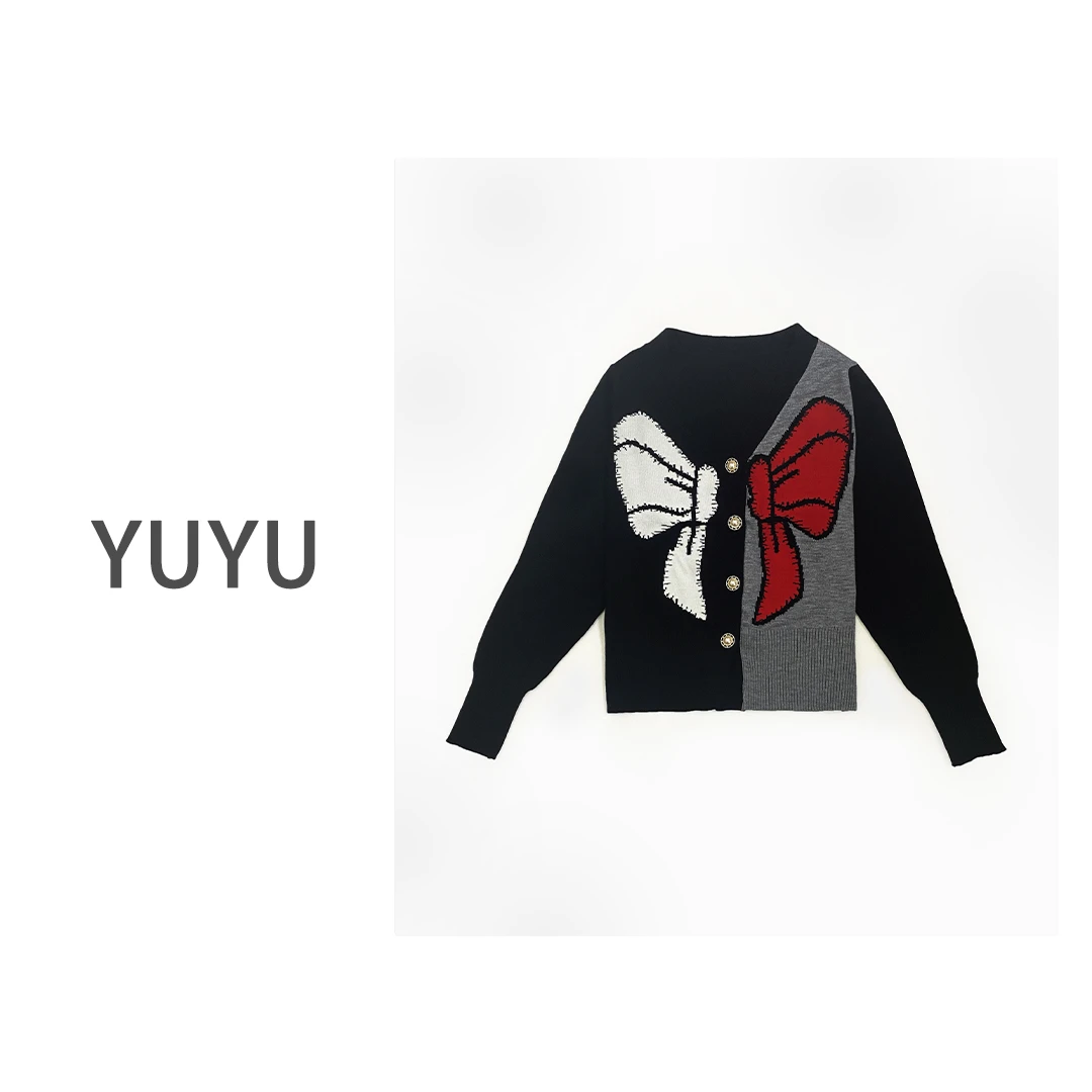 【双色蝴蝶结】秋冬小众洋气减龄针织开衫提花长袖毛衣外套YY172