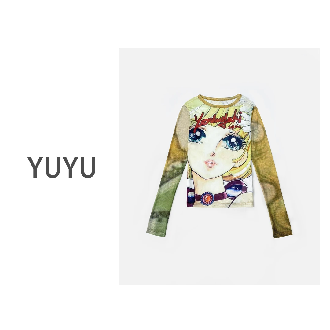【明眸】少女印花圆领设计感时尚百搭卡通显瘦网纱长袖上衣.Y038