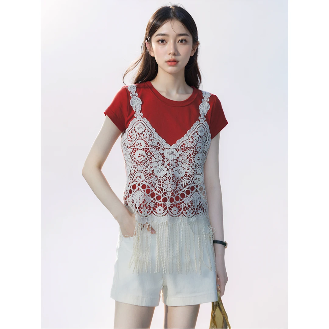 【锦瑟】设计感百搭钩花时尚短款休闲显白T恤.Y018