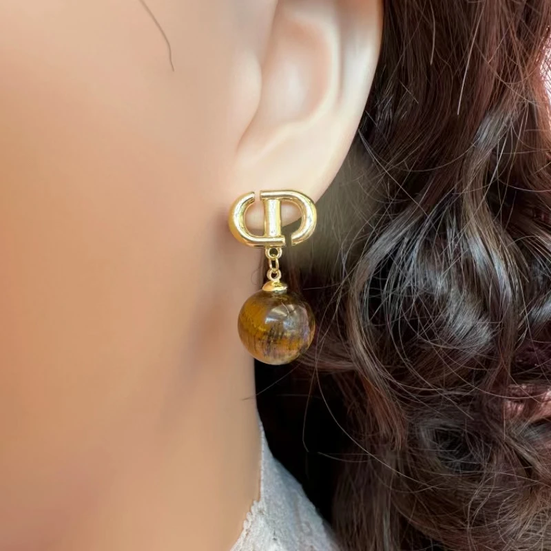 铜合金树脂耳饰 气质虎眼石猪鼻子耳环s925银针时尚百搭金色耳钉