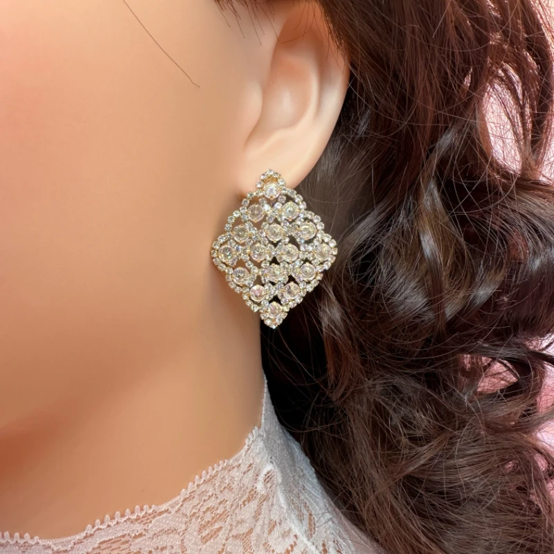 铜合金仿水晶耳饰 手工气质时尚菱形镶钻耳钉轻奢大气精致耳环 42