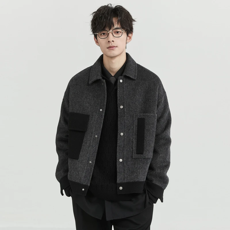 BJZE2024初冬男士休闲宽松拼色毛呢韩版翻领双面呢夹克Z441821