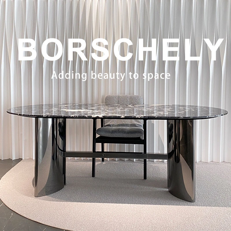 BORSCHELY/宝石利 宝格丽黑半圆长方形餐桌大理石意式极简风格