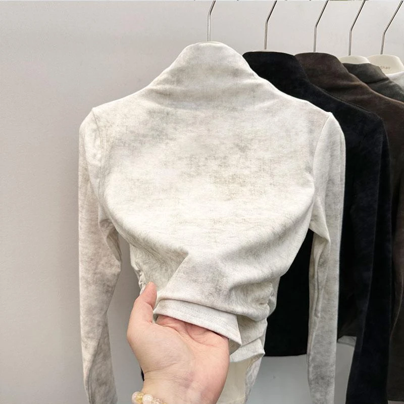 秋冬新款半高领扎染德绒长袖t恤女褶皱收腰韩版内搭女款气质服装