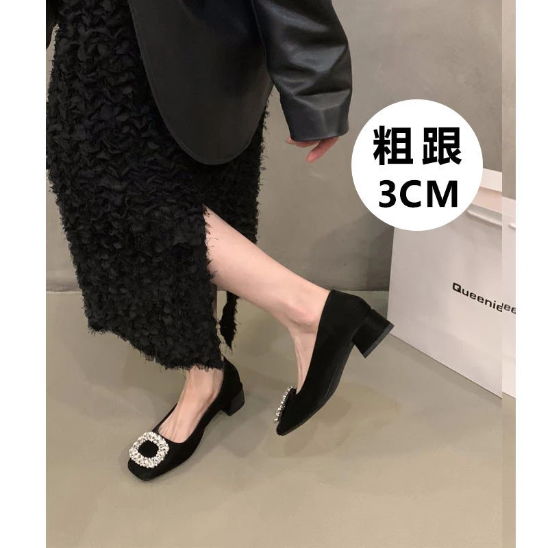 粗跟法式水钻黑色单鞋女鞋2024新款春秋气质高跟鞋浅口软底工作鞋