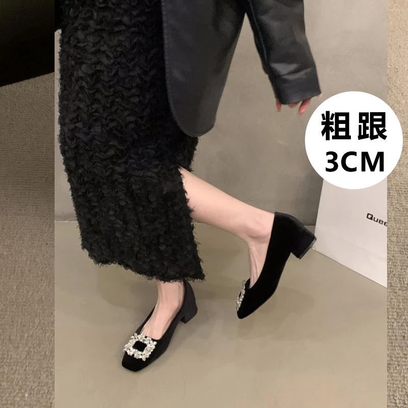 粗跟法式黑色气质单鞋女鞋子2024新款春秋软底绒面方头水钻通勤鞋