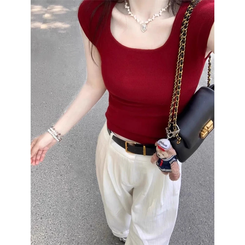 纯欲性感方领红色短袖T恤女夏季修身显瘦独特别致法式短款小上衣