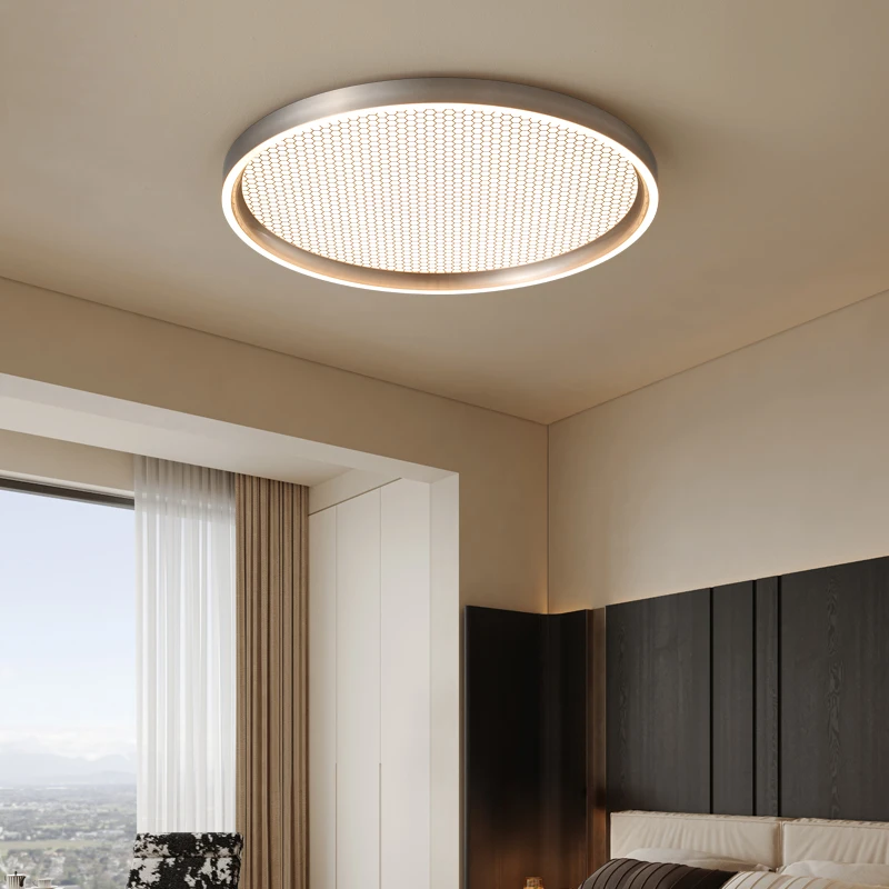 中古侘寂风卧室吸顶灯圆形原木风家用主卧灯胡桃木纹书房设计师灯