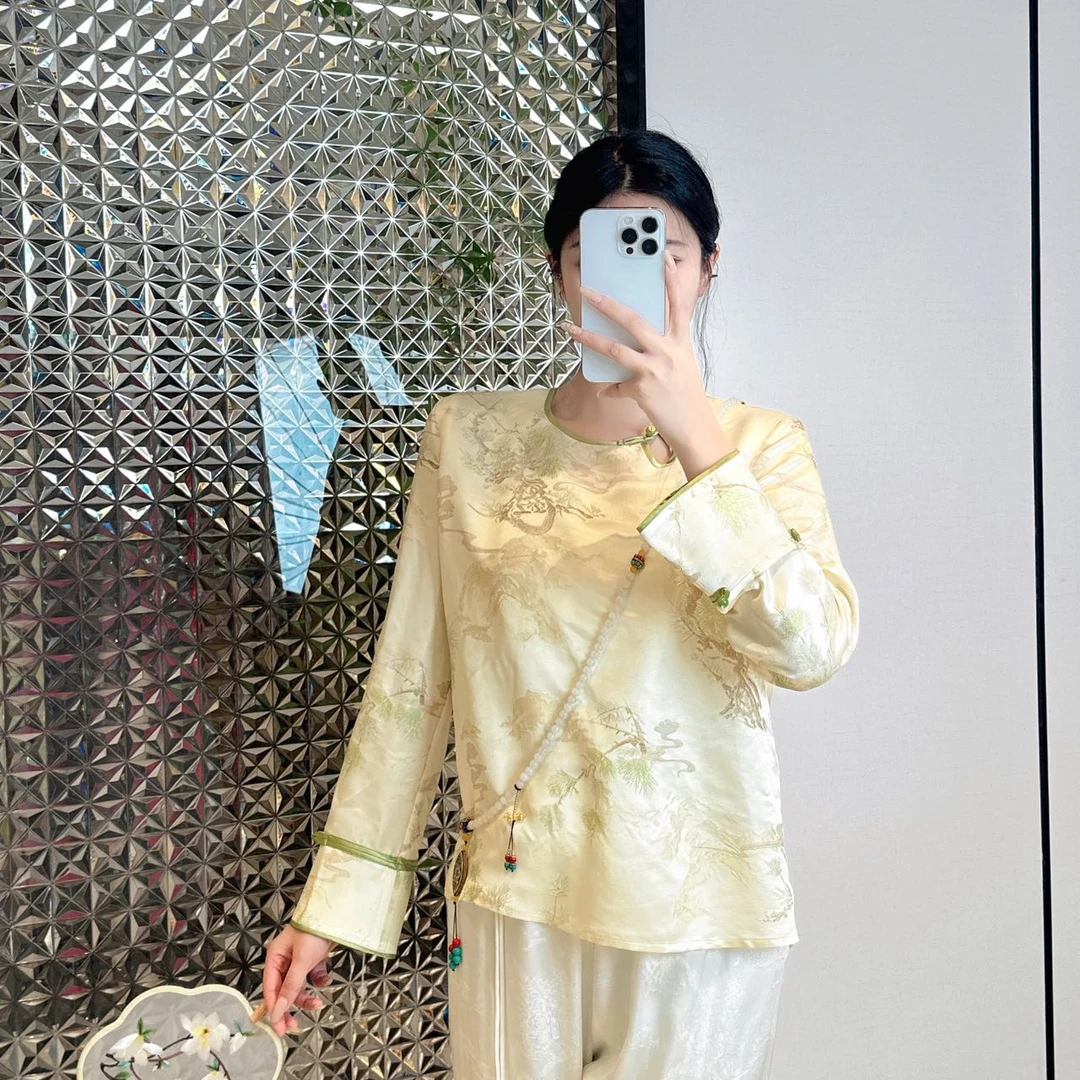 GX508 新中式国风优雅贵气迎客松提花长袖上衣