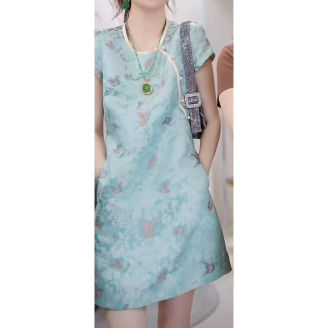 泡泡袖蝴蝶提花国风中式连衣裙 Q454