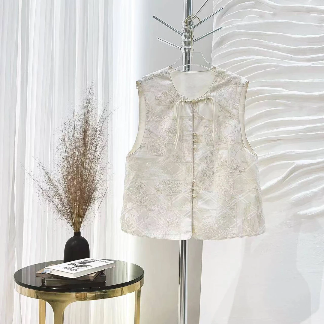 Q166 珠片刺绣盘扣流苏国风中式马甲