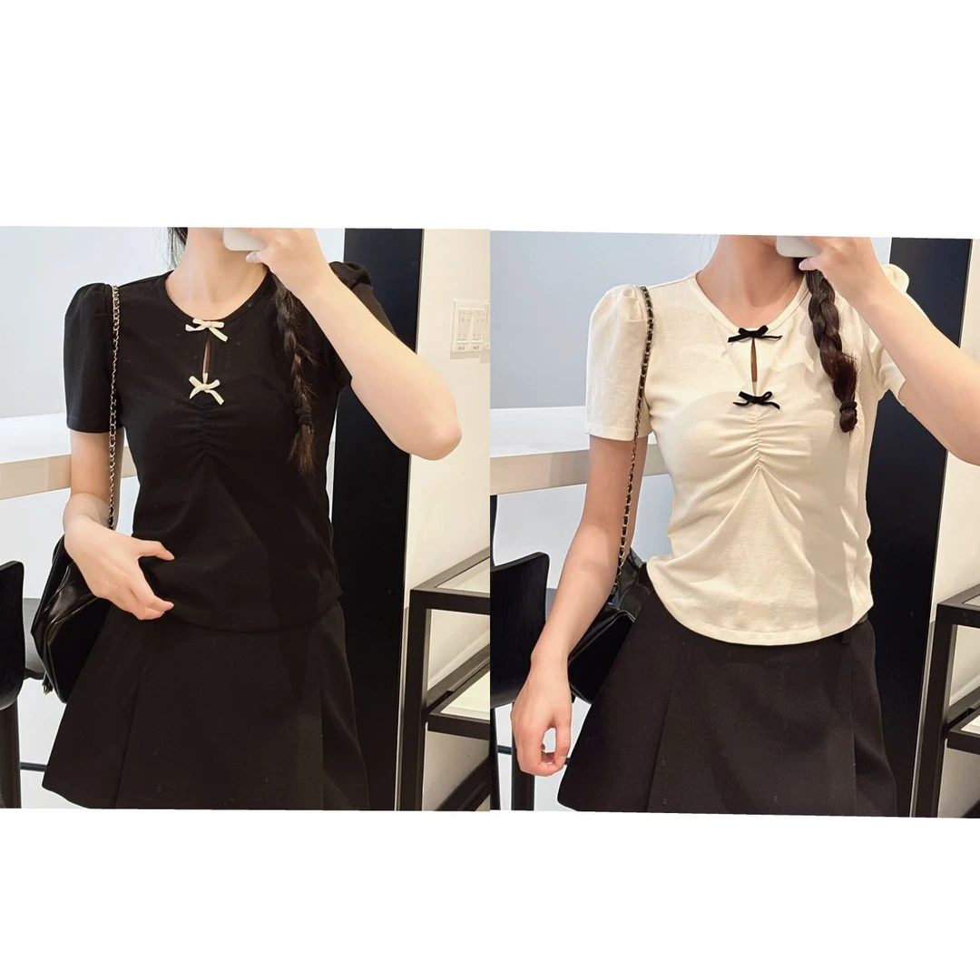 泡泡袖前结圆领T Q297