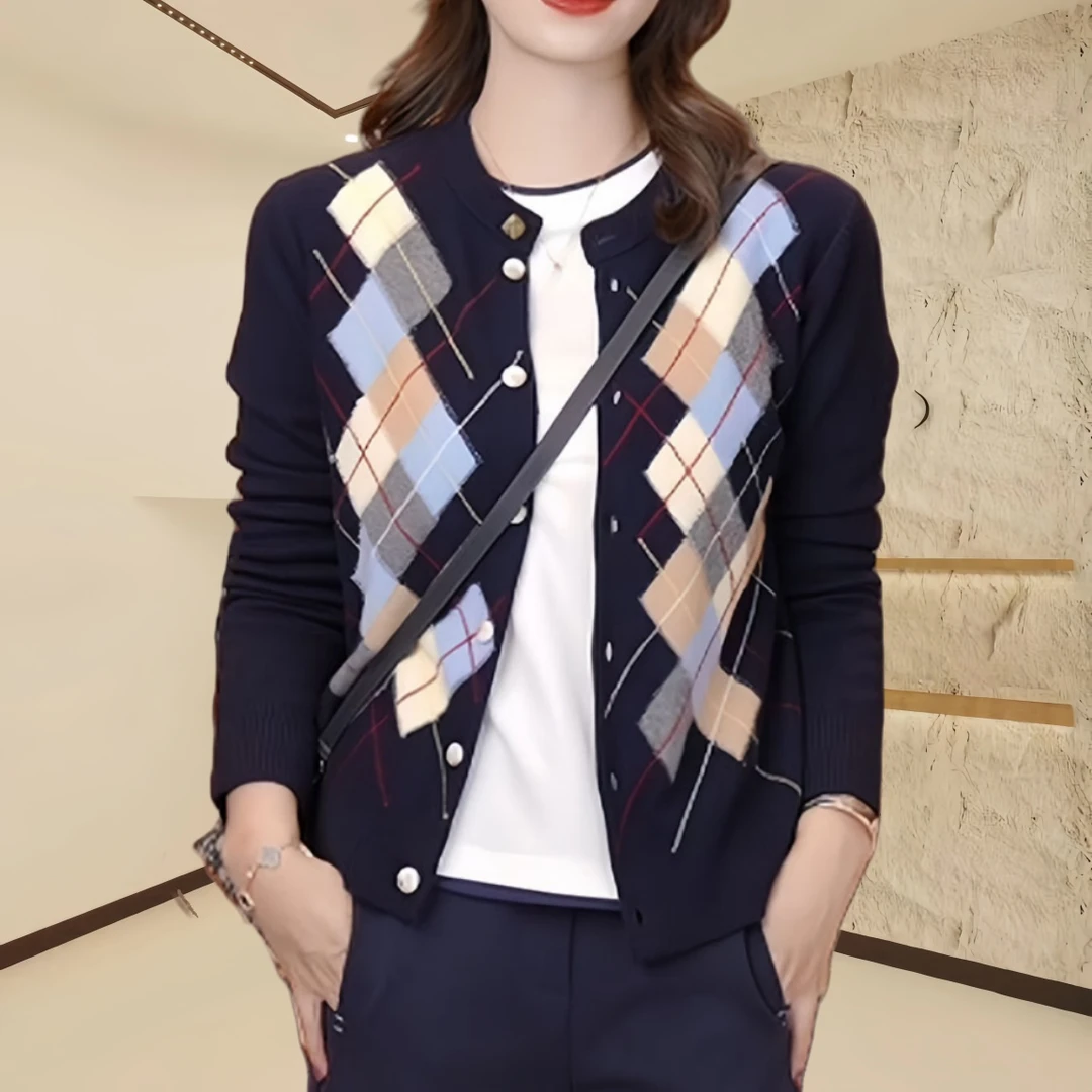 春季新款韩式复古针织开衫立体彩绘方块图案洋气显瘦百搭上衣女