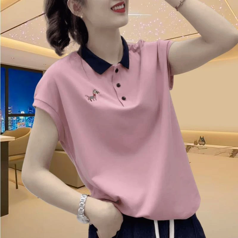 短袖polo衫休闲翻领宽松简约T恤休闲时尚宽松大码妈妈装